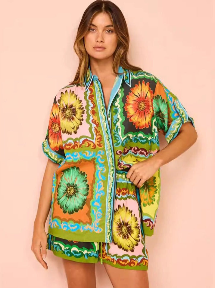 Versatile Printed Daisy Flower Casual Loose Two Sets