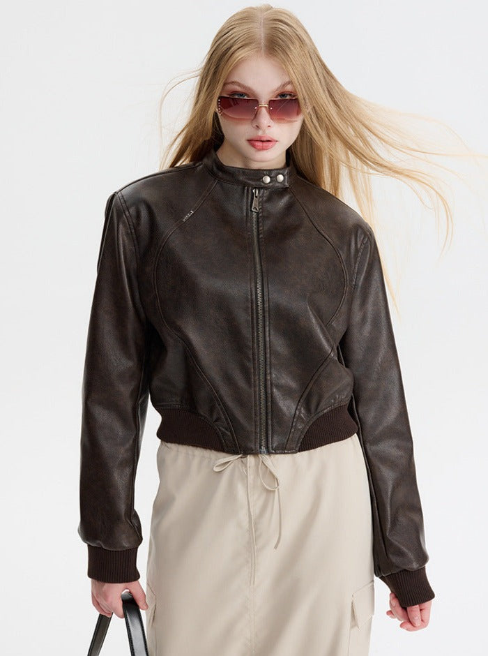 Coffee Color Long-Sleeved Zip Up Leather Jacket