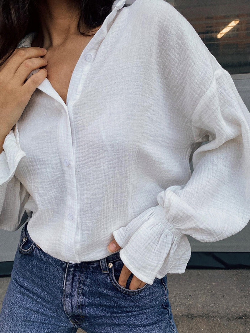 White Casual Thin Wrinkled Long-Sleeved Tops