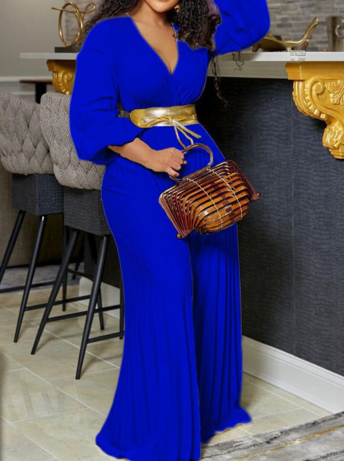 Sexy V-Neck Pleated Wide Leg Plus Size Jumpsuit