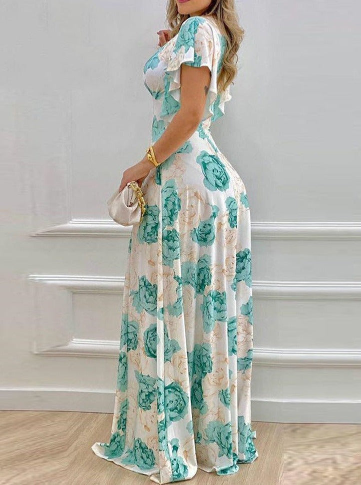 Floral V-Neck Waist Print Large Swing Dress