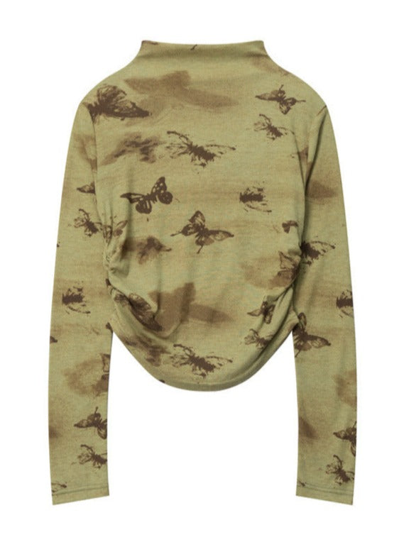Half Turtle Neck Butterfly Print Pleated Top