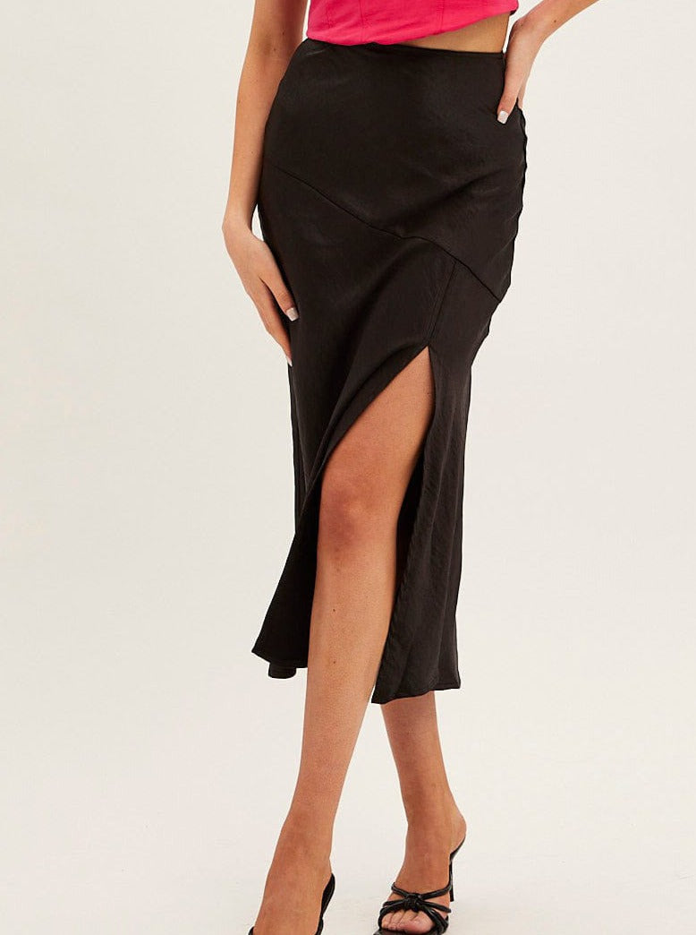 Black High Waist Glossy Satin Long Skirt