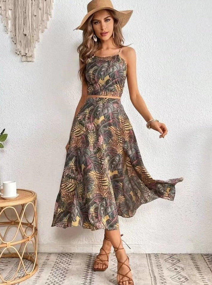 Two Piece Tropical Printed Skirt Set