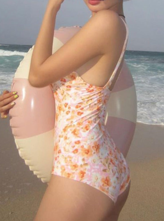 Orange Summer Floral Printed Swimsuit