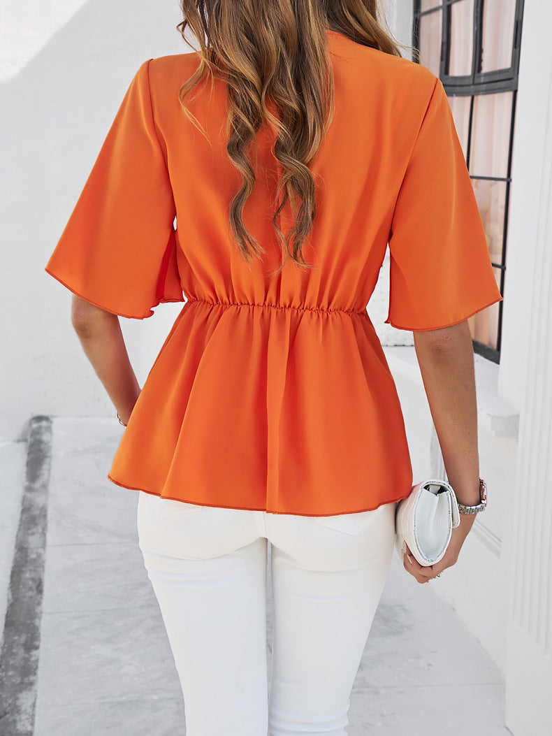 Plain V-Neck Ribbon Tie Blouse