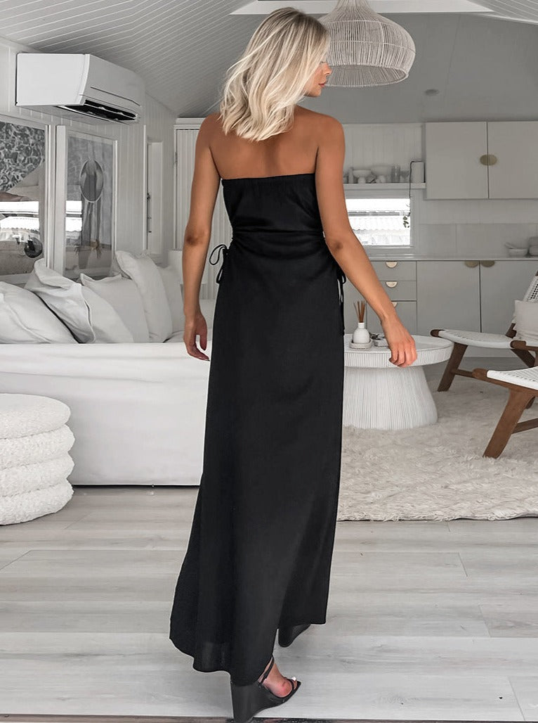 Slim-Fitting Tube Top Slit Wrinkled Black Long Dress