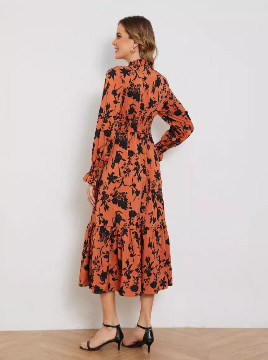 Floral Print V-Neck High Waist Long Sleeve Midi Dress