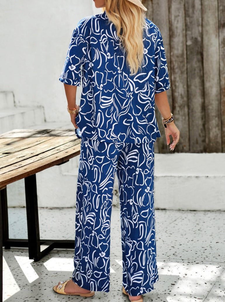 Blue Printed Button Up Shirt and Pants Set