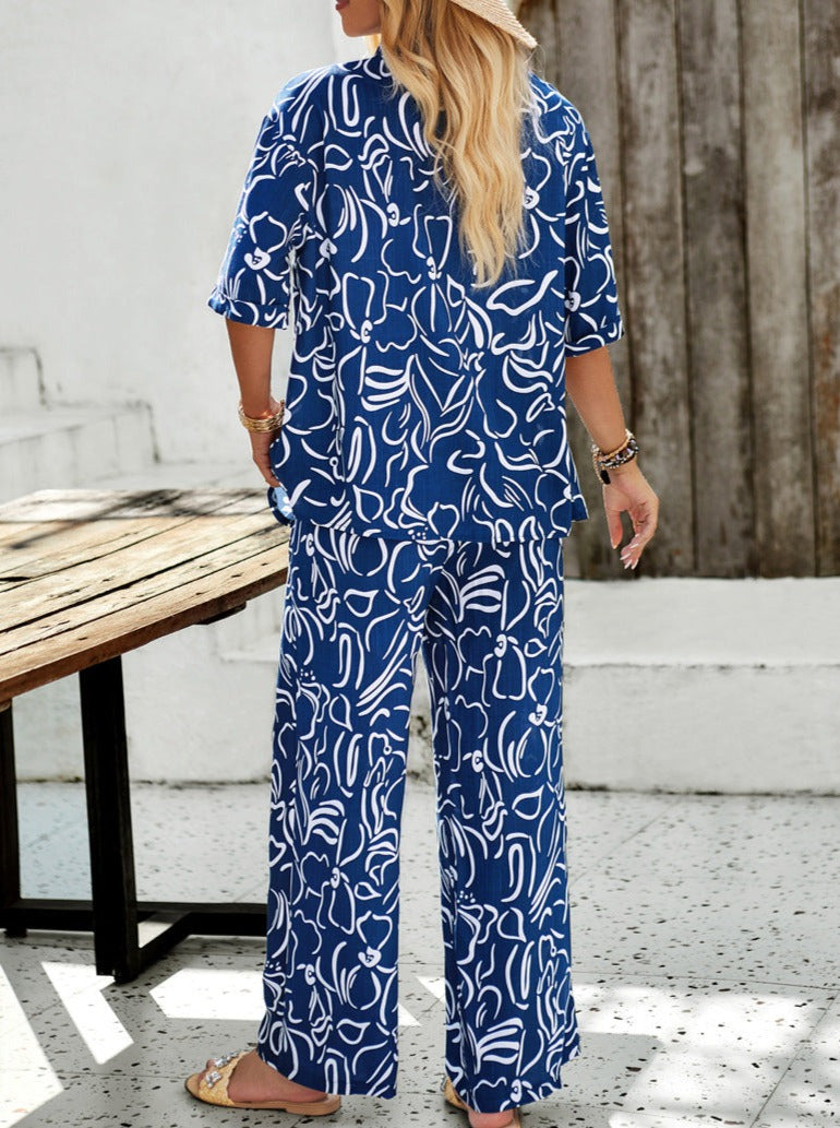 Women's Blue Flower Print Matching Blouse & Pants Two-Piece Set