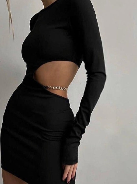 Sexy Black Cutout Side Long Sleeve Bodycon Dress