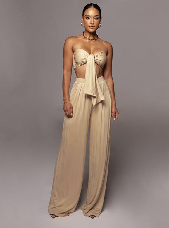 Beige Lace-Up Tube Top and Mid Waist Wide Leg Pants