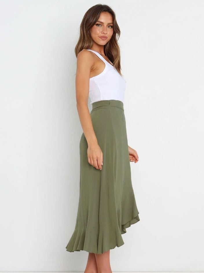 Asymmetrisk sexet græsgrøn lang nederdel 
