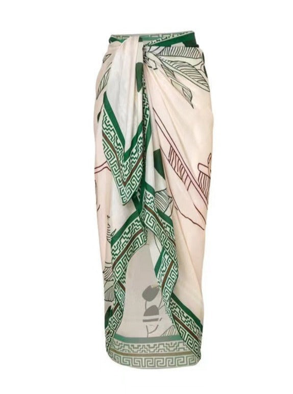 Damebadedragt i to bånd og nederdel med tropisk tryk 