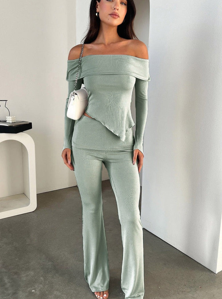 Green Off Shoulder Asymmetrical Top and Pants Set