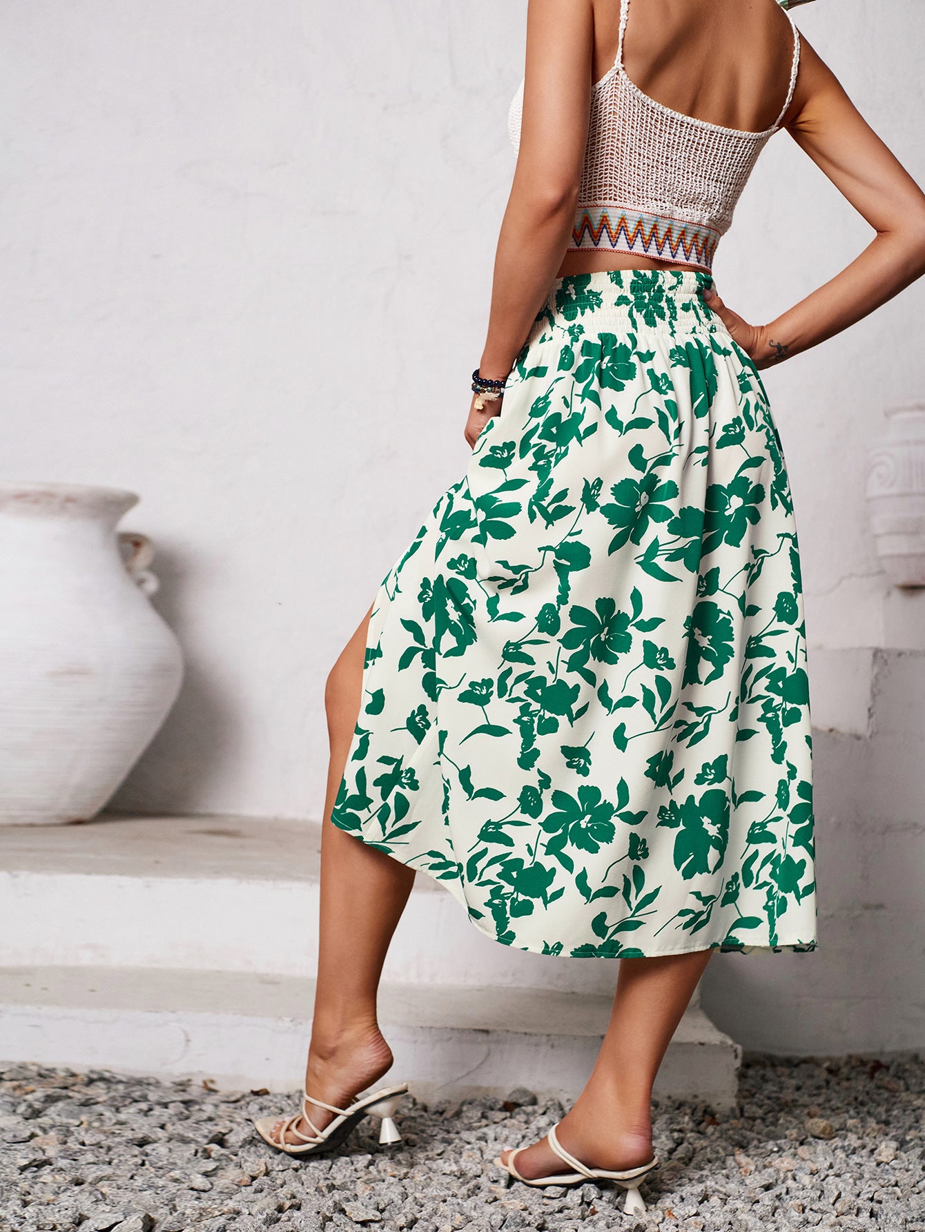 Casual Floral Printed Midi Slit Skirt