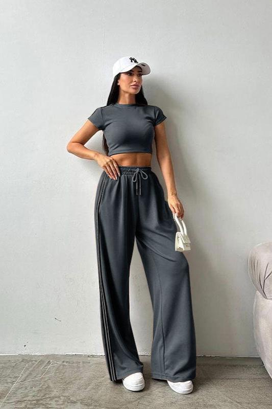 Sporty Short Sleeve Crop Top and Pants Set