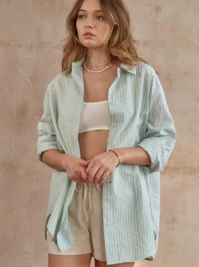 Casual Green Loose Button Down Striped Long Sleeve Shirt