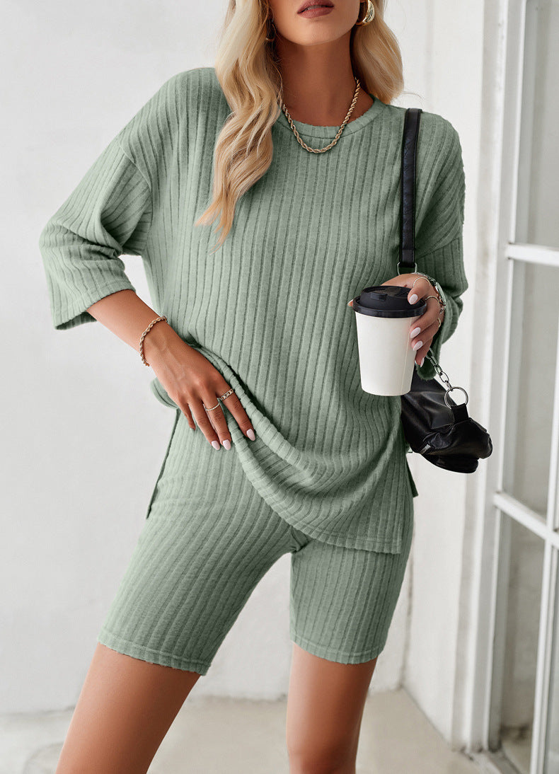 Long Sleeve Knitted Shirt and Shorts Set