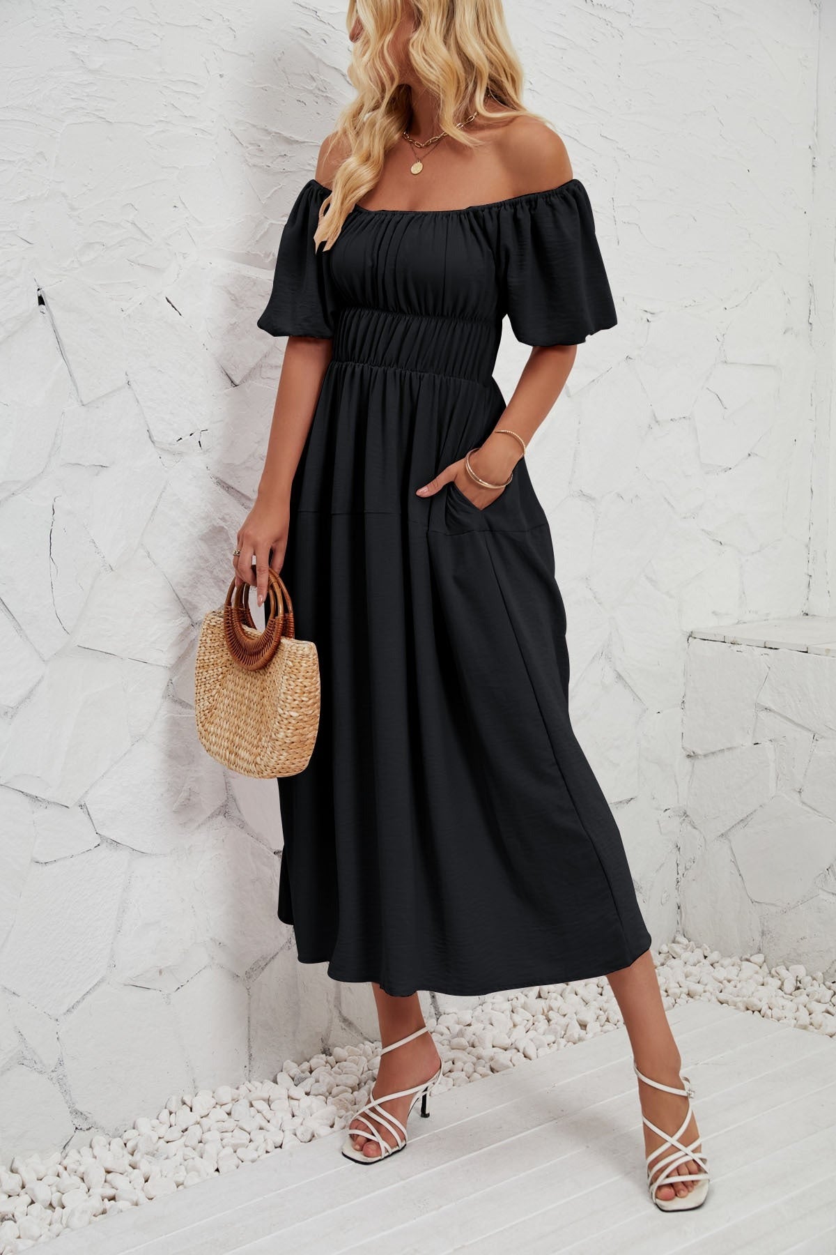 Summer Casual Off Shoulder Bubble Sleeve Pleated Dress
