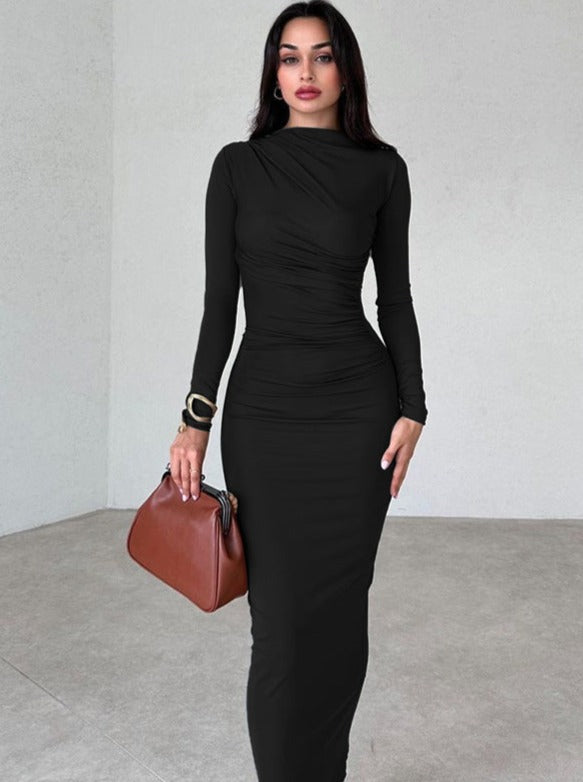 Solid Color Slim Pleated Long Sleeve Maxi Dress