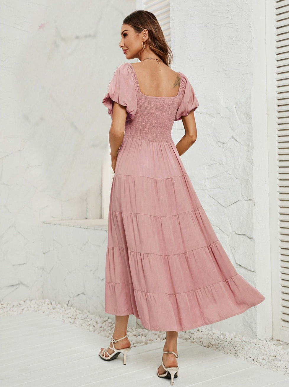 Pink High Waist Bubble Sleeve Square Neck Maxi Dress
