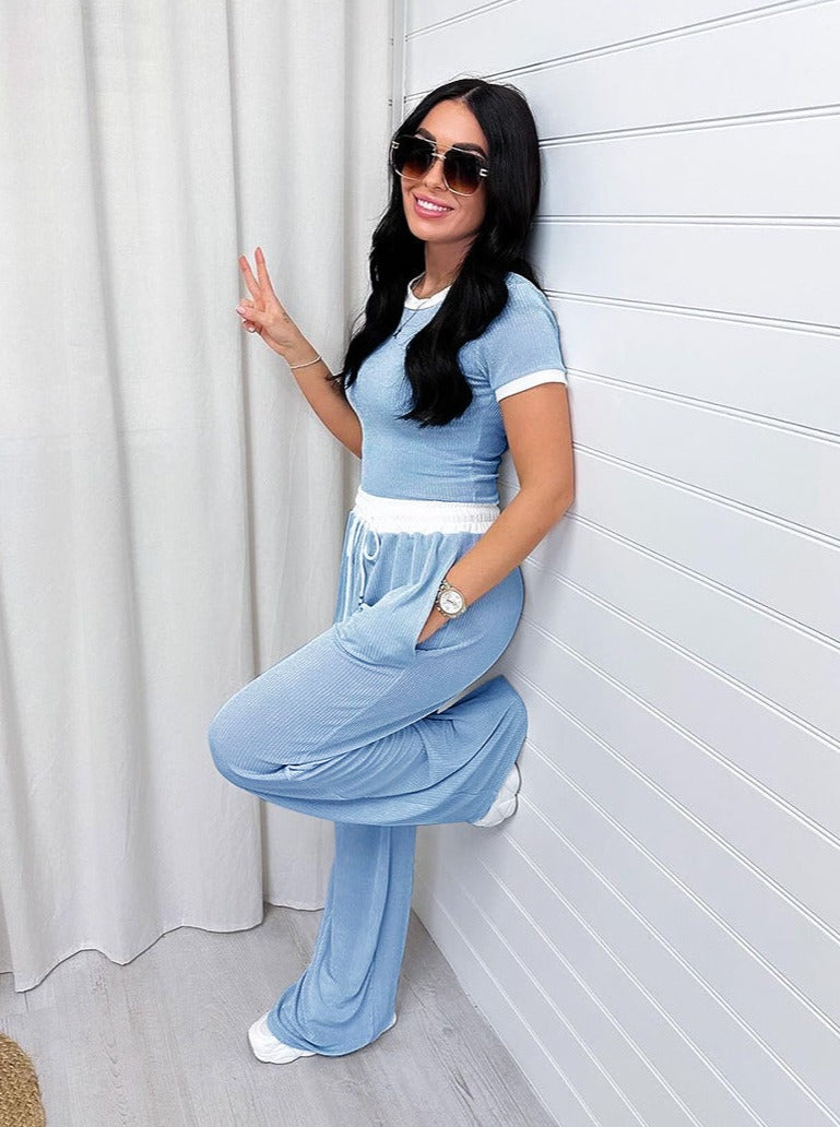 Casual Blue Two Piece Round Neck Short Sleeve Tops Wide Leg Pants Set