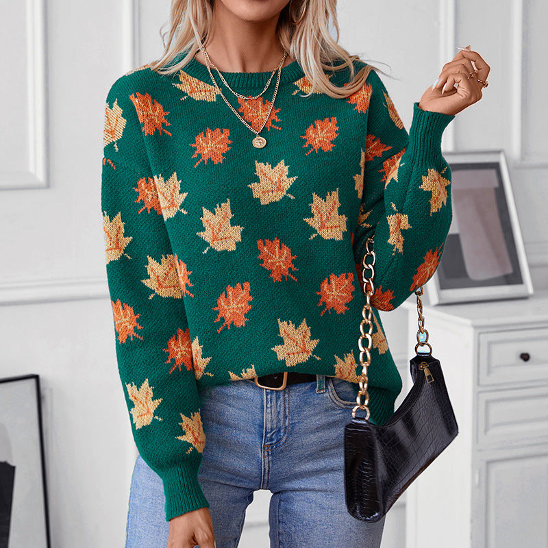 Maple Leaf Printed Long Sleeve Knitted Sweatshirt