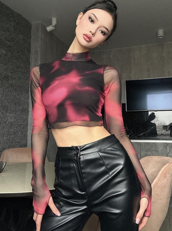 Black Pink High Collar Smudged Sleeves See-Through Mesh Top