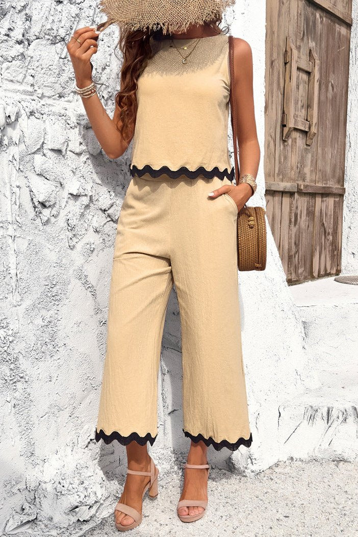 Summer Wavy Hem Sleeveless Top and Pants Set