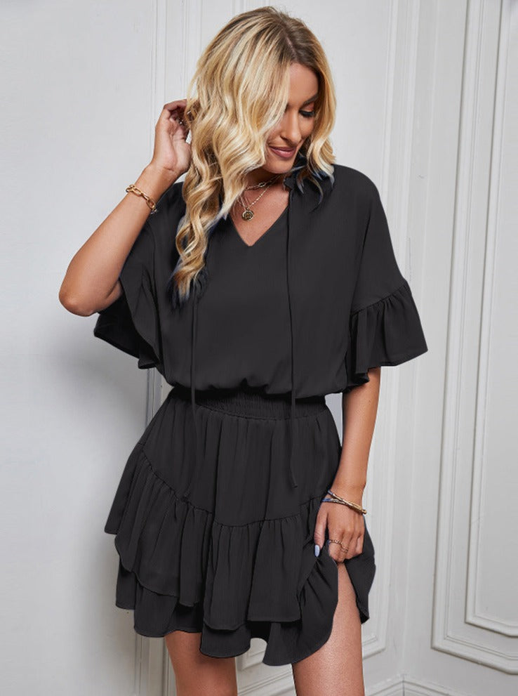 Casual Solid Color Ruffle Dress