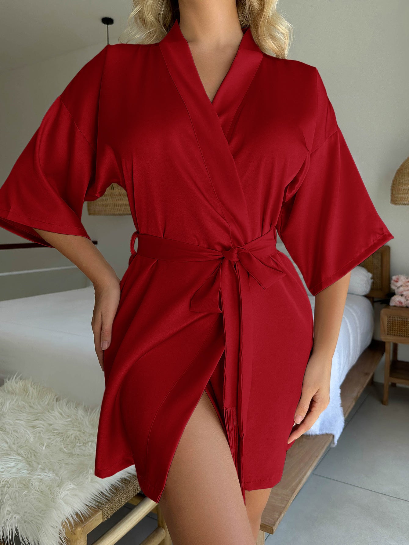 Red Short Cardigan Tie Tassel Bathrobe Sexy Pajamas