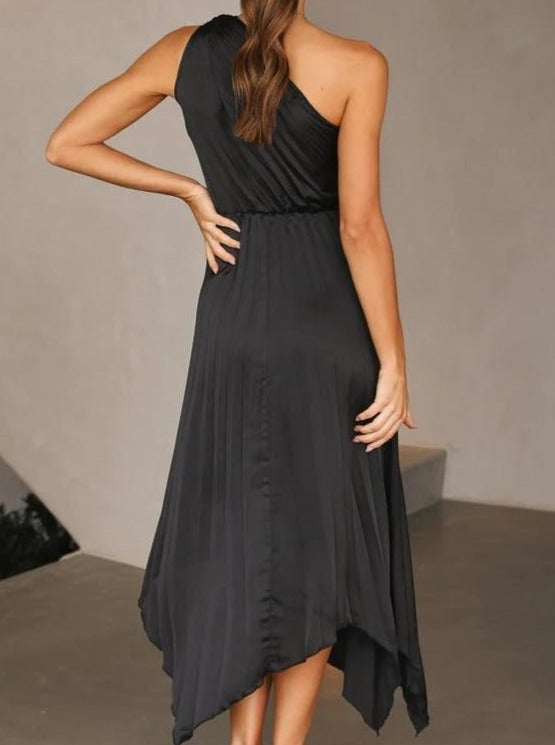 Solid Color One Shoulder Pleated Asymmetrical Dress