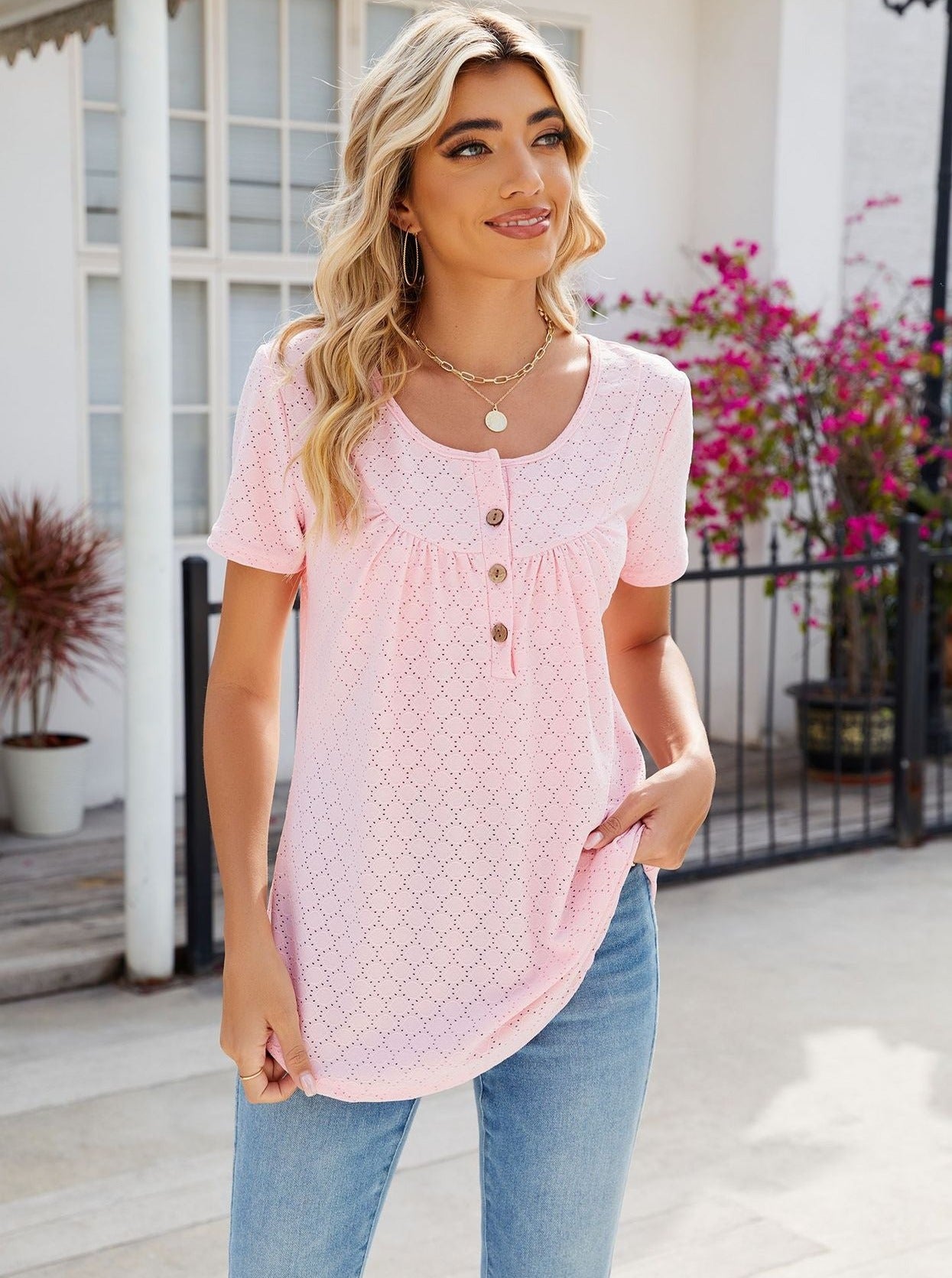 Pink Round Neck Button Loose Short Sleeve T-Shirt