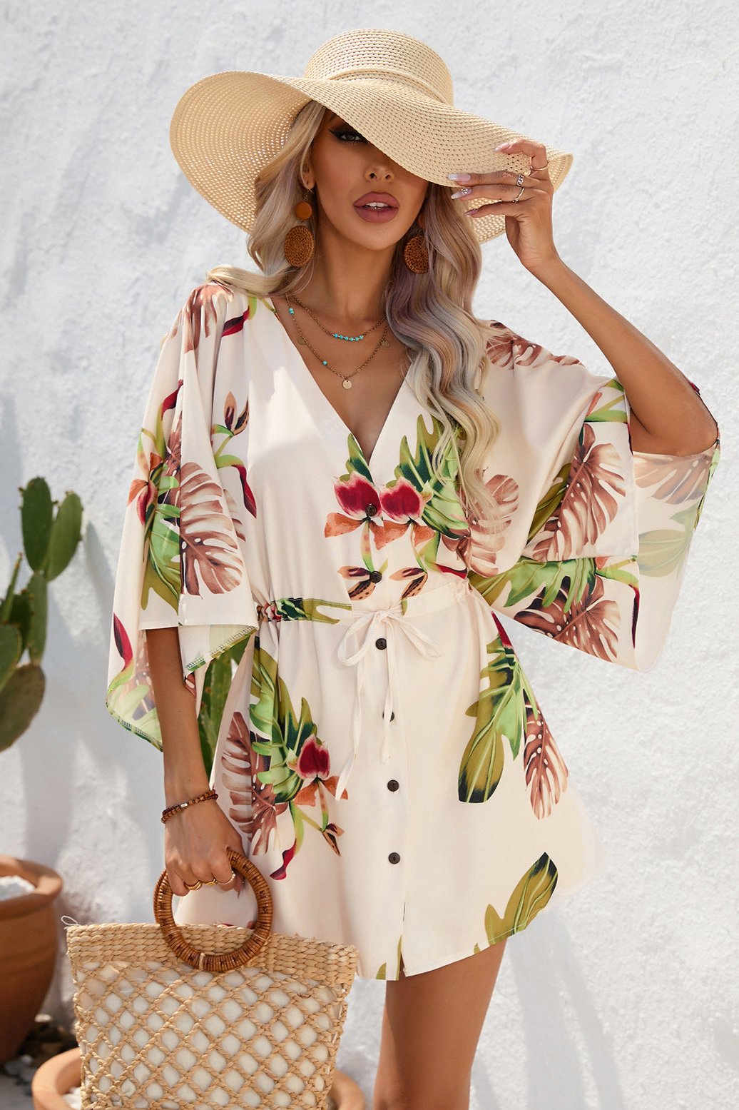 Tropical Printed Half Sleeve Mini Dress