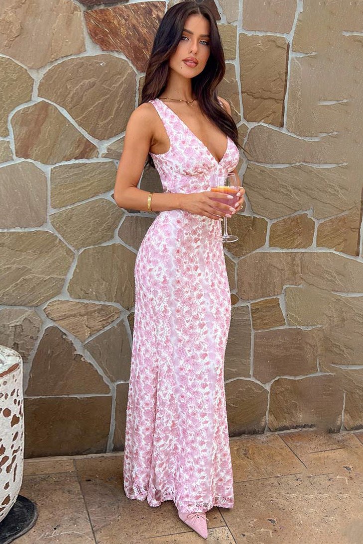 Sexy Deep V-Neck Backless Long Lace Dress