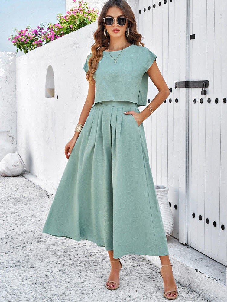 Sleeveless Top and Flared Long Skirt Green Suit