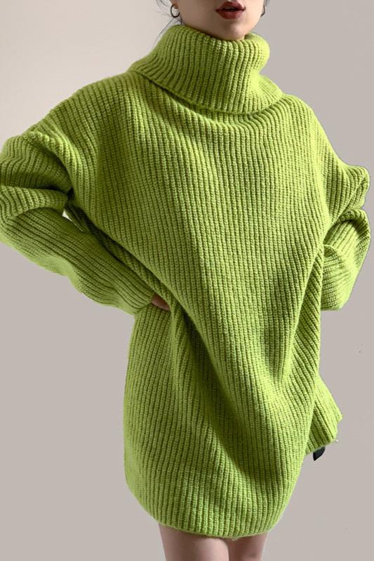 Loose Green Wool Knitted Turtle Neck Pull Over Sweater