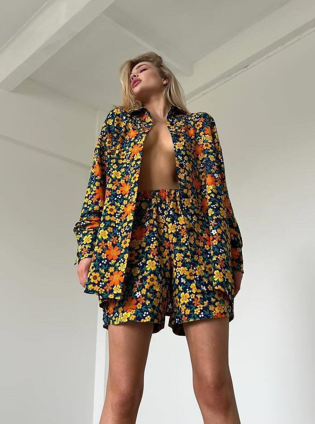 Casual Floral Loose Cardigan Elastic Waist Shorts Two Piece Suit