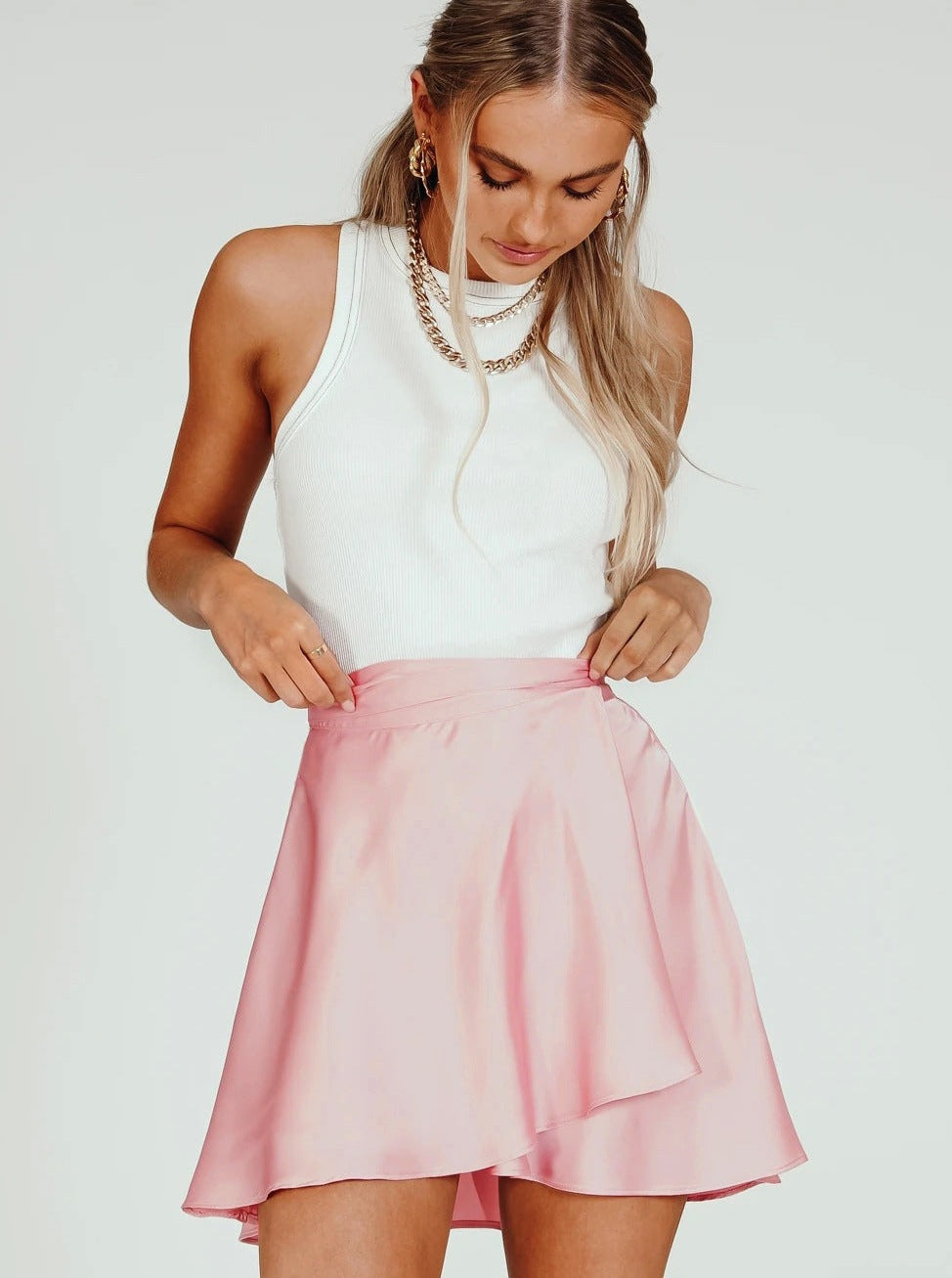 Light Pink One Piece Lace-Up High Waist Wrap Skirt