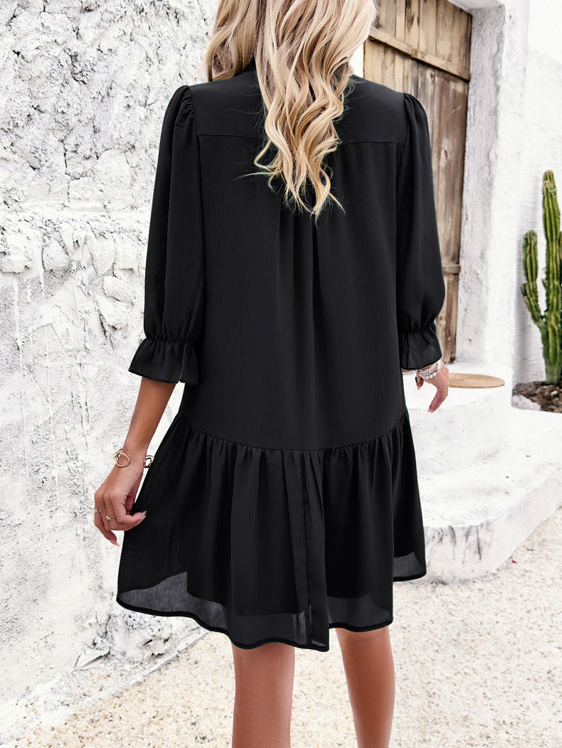 V-Neck Solid Color Half Sleeve Dress