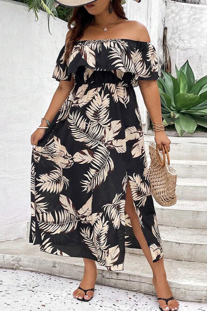 Plus Size Off Shoulder Tropical Printed Dress