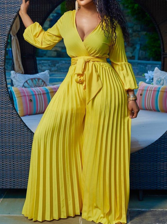 Sexy V-Neck Pleated Wide Leg Plus Size Jumpsuit