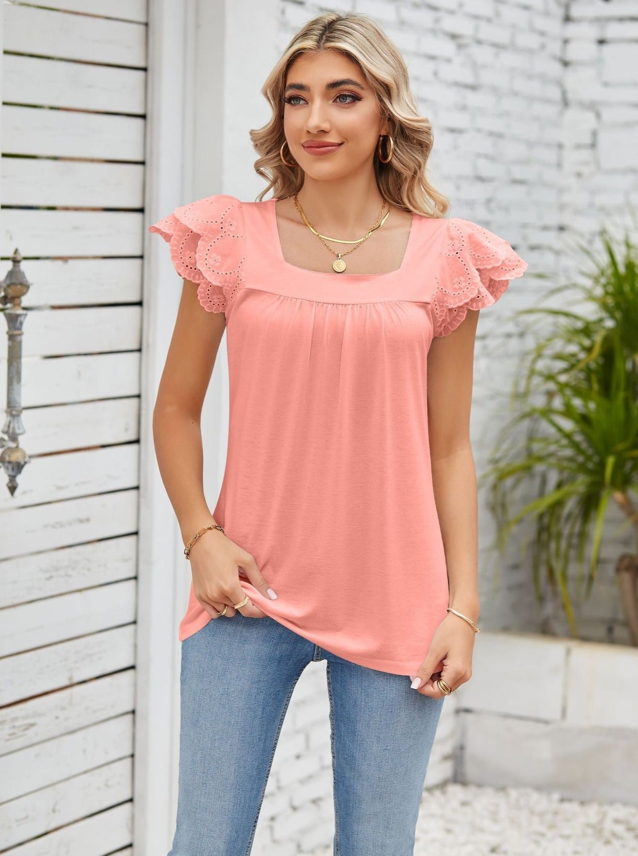 Peach Lace Stitching Square Collar Petal Short-Sleeved Shirt