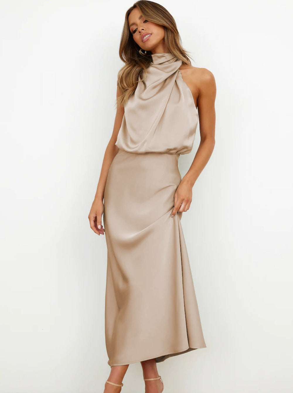 Elegant Apricot Halter Neck Dress