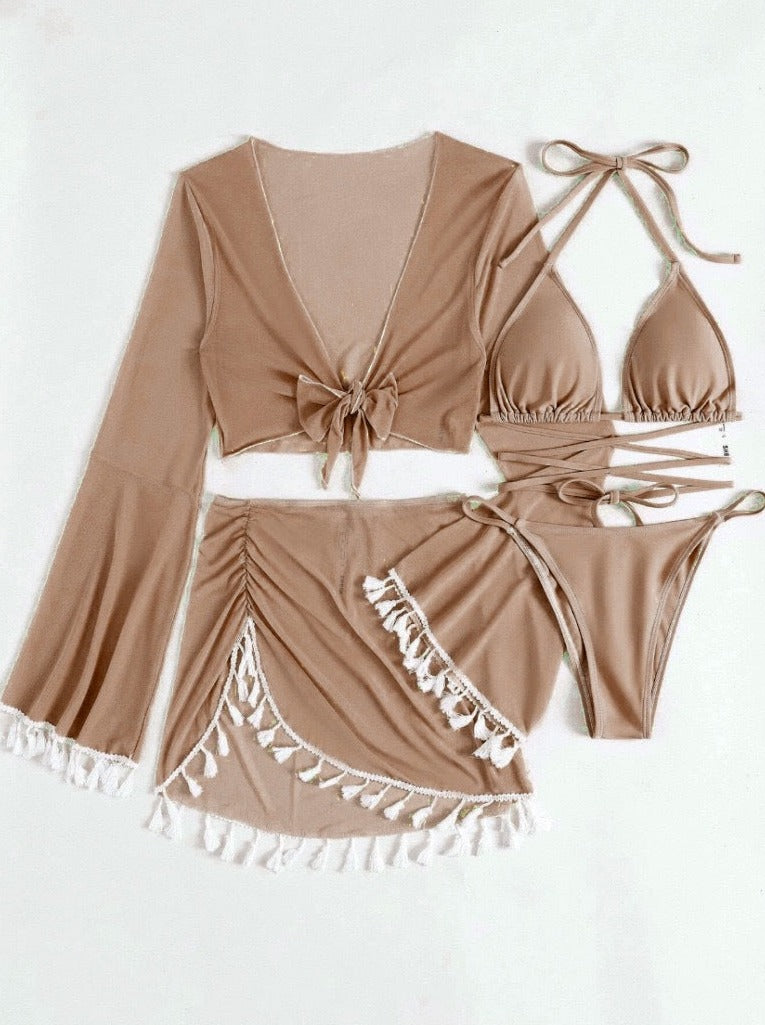 Langærmet kvastdesign almindelig farvet bikini 