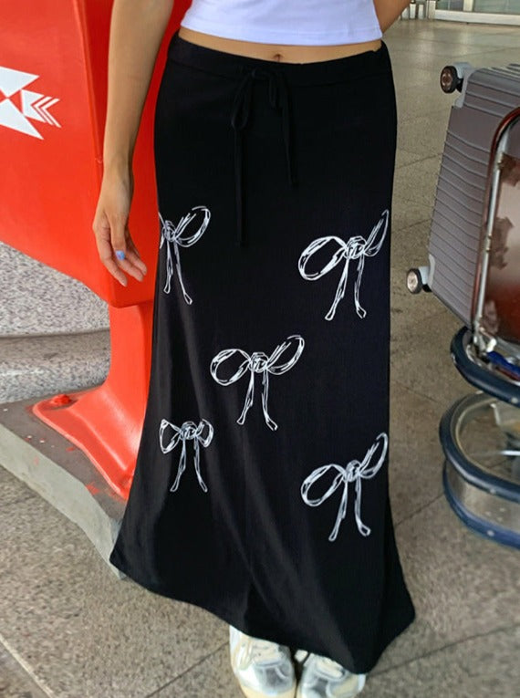 Vintage Bow Print Midi Skirt