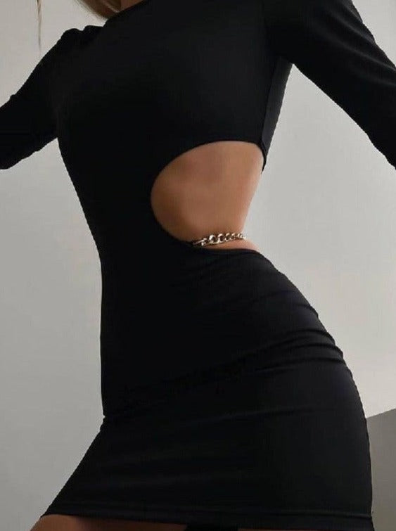 Sexy Black Cutout Side Long Sleeve Bodycon Dress