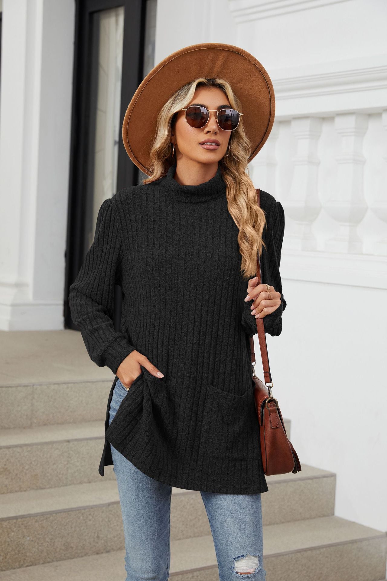 High Collar Long Sleeve Long T-Shirt