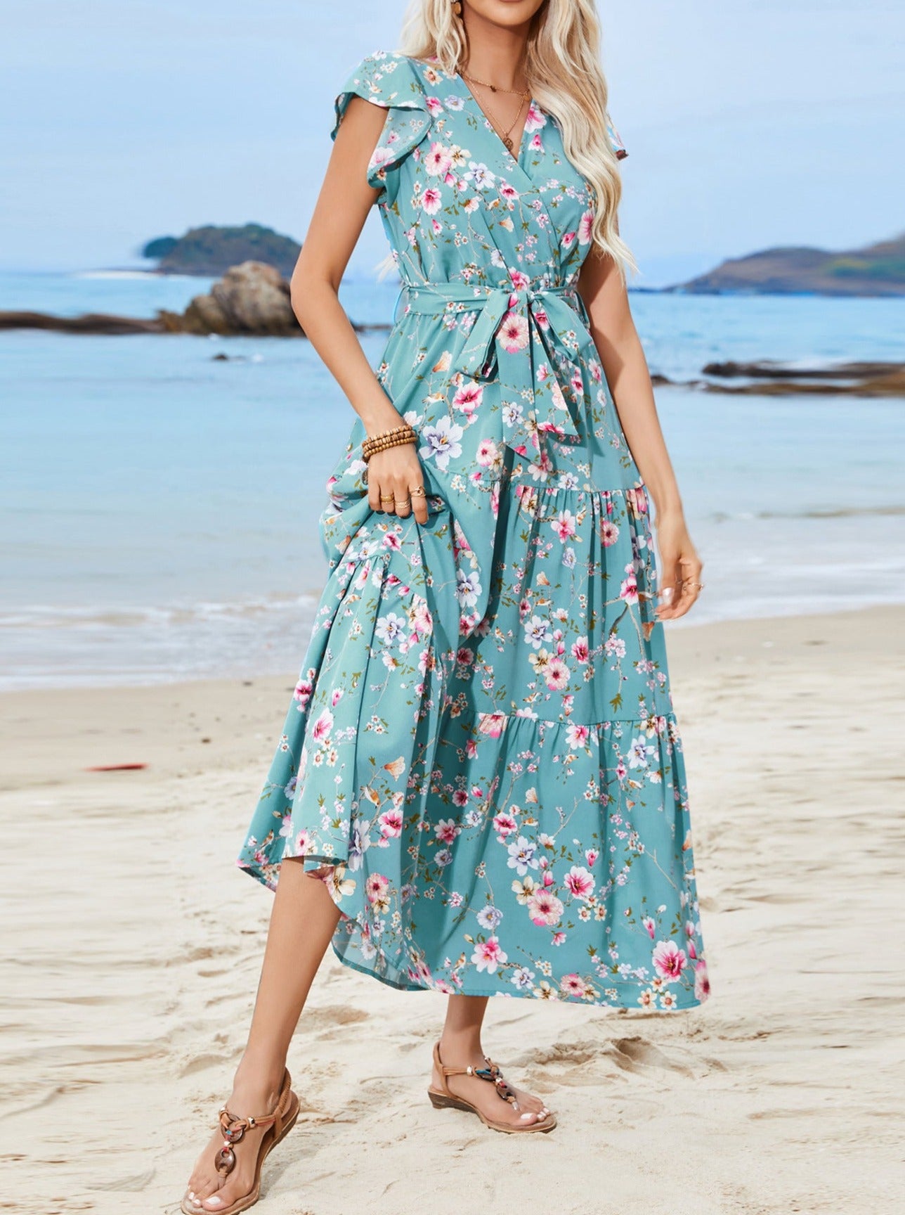 Sweet Floral Wrap Up Style V-hals flæser ærmet Maxi-kjole med bælte 